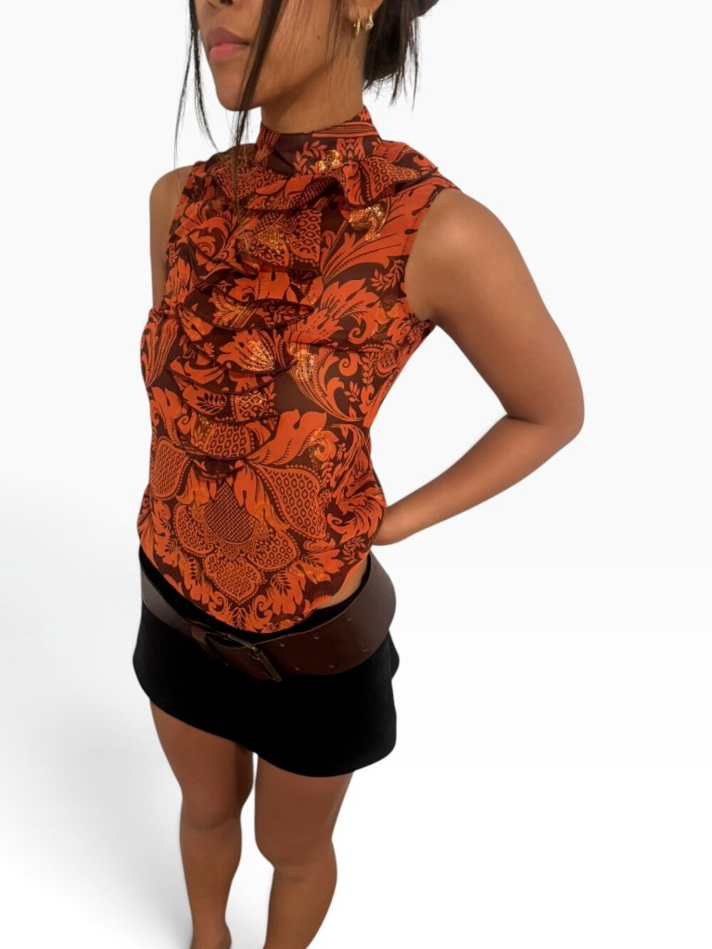 Anna Sui Damask Ruffle Sleeveless Blouse XS